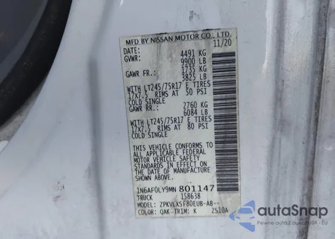 2021 Nissan Nv Cargo Nv3500 Hd Sv High Roof V8 z USA, uszkodzony, nr VIN 1N6AF0LY9MN801147